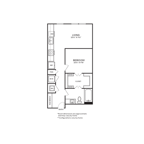 Floor plan for 1 bed, 1 bath, 592 sqft